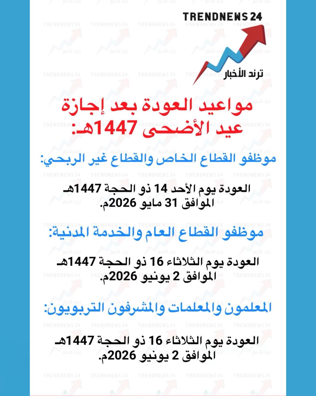 مواعيد العودة بعد اجازة عيد الاضحى