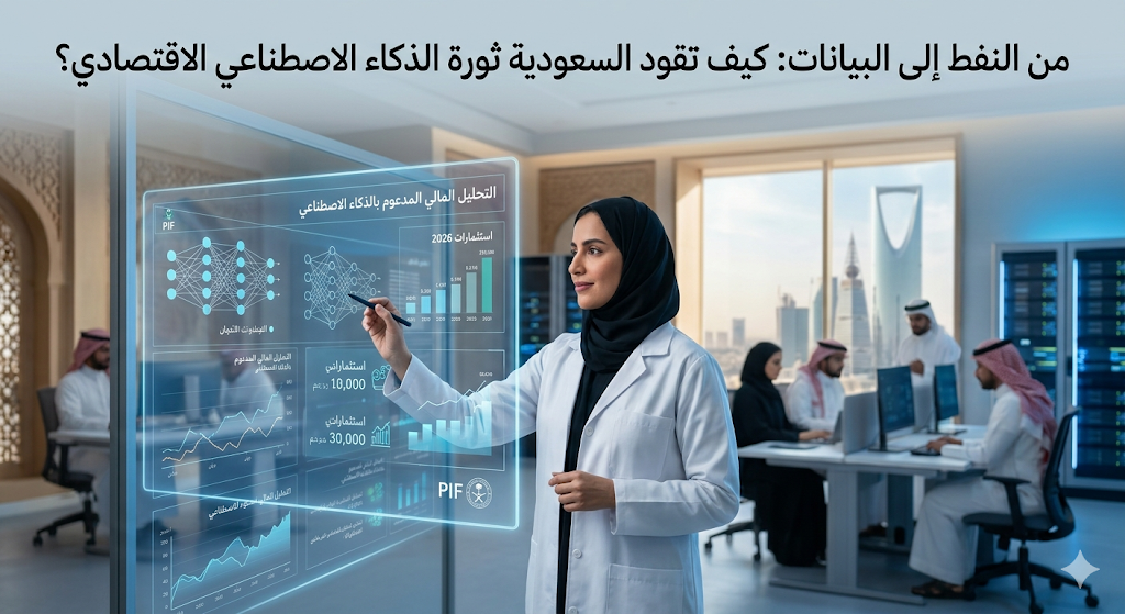تصور لمركز بيانات متطور في الرياض، حيث تتداخل الشاشات الشفافة التي تعرض تحليلات الذكاء الاصطناعي مع الواجهة العمرانية الحديثة للمدينة. تظهر عالمة بيانات سعودية ترتدي الحجاب وهي تتفاعل مع واجهة بيانات معقدة