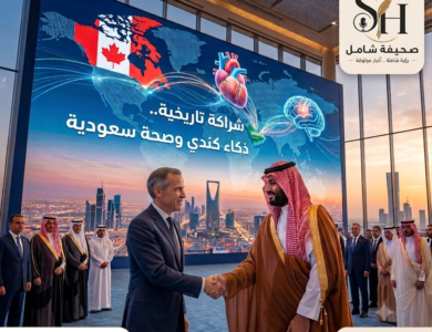 مصافحة ولي العهد الأمير محمد بن سلمان ورئيس وزراء كندا مارك كارني للإعلان عن شراكة استراتيجية في الرعاية الصحية والذكاء الاصطناعي.