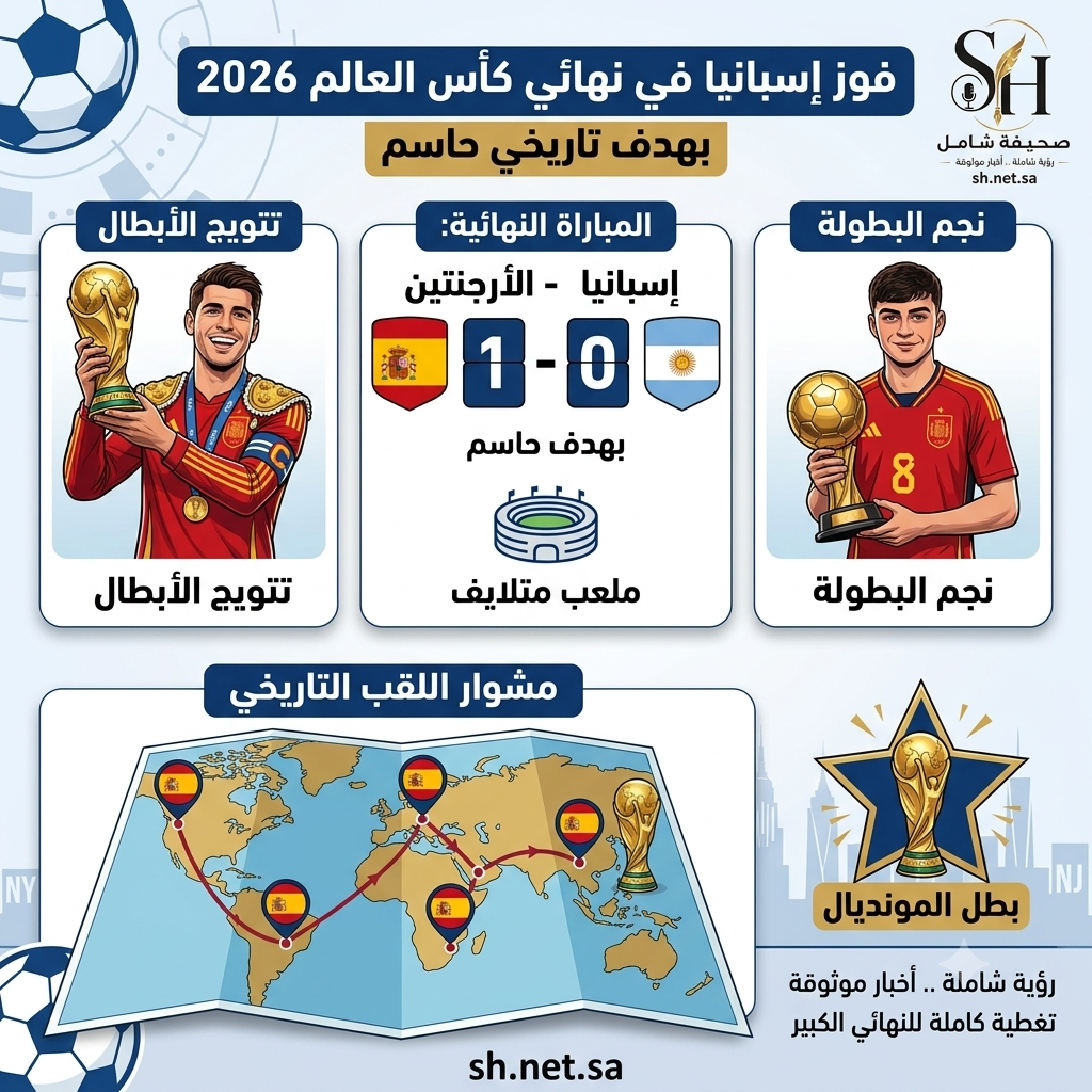 تُوج المنتخب الإسباني بطلاً لكأس العالم 2026 بعد فوزه التاريخي على نظيره الأرجنتيني بهدف نظيف دون رد.