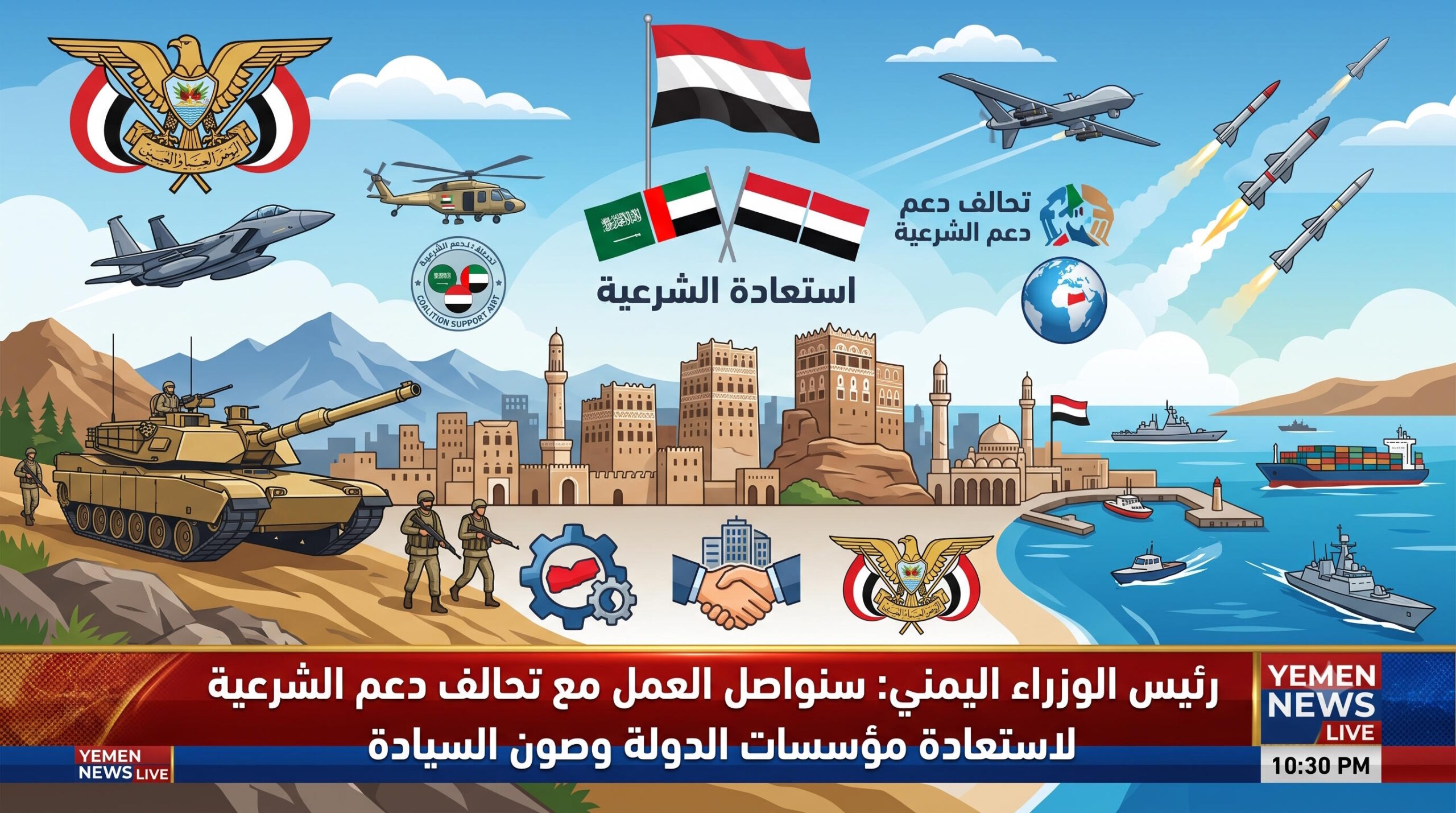 رئيس الوزراء اليمني سنواصل العمل مع تحالف دعم الشرعية لاستعادة مؤسسات الدولة وصون السيادة الوطنية