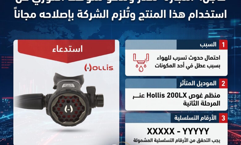 استدعاء وزارة التجارة بسبب احتمال حدوث تسرب للهواء منظم غوص Hollis 200LX المرحلة الثانية