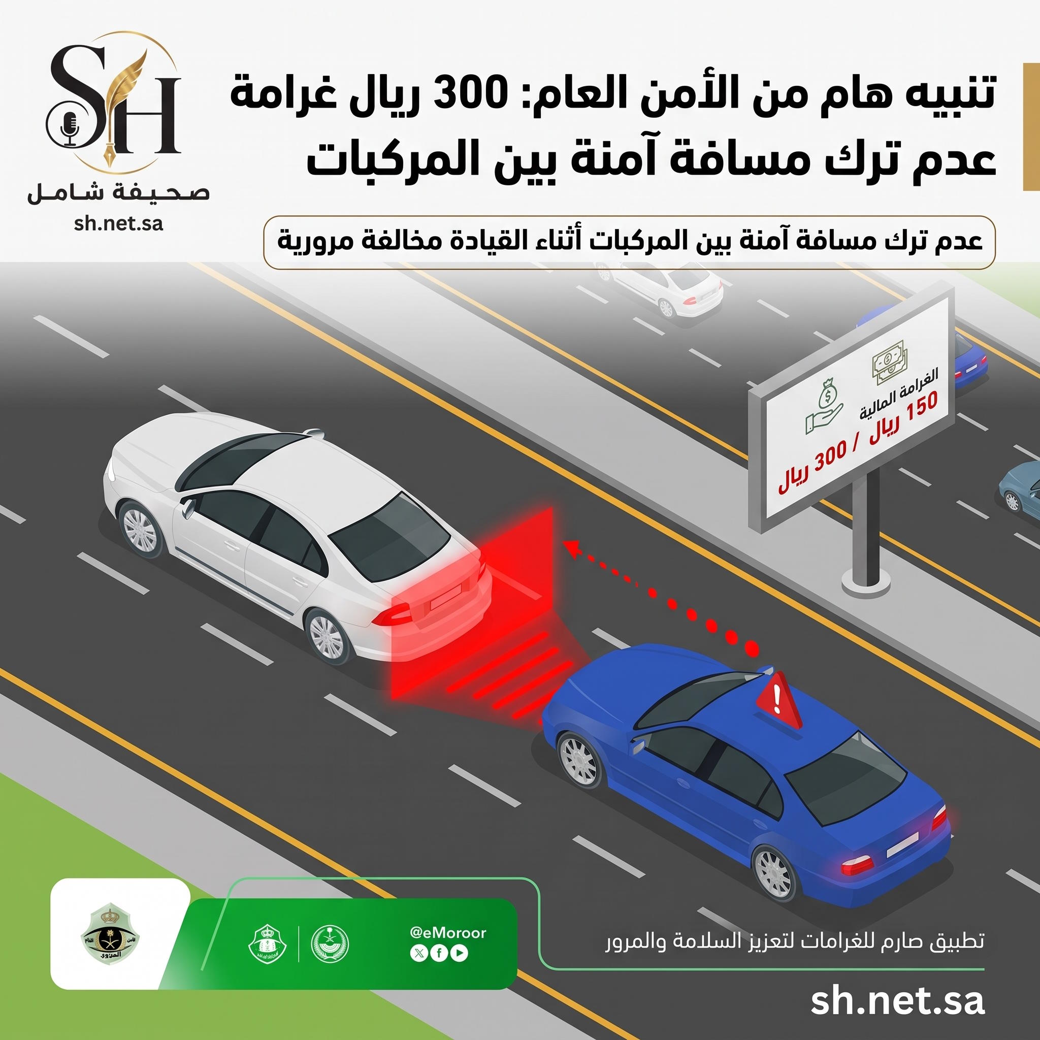تنبيه هام من الأمن العام: 300 ريال غرامة عدم ترك مسافة آمنة بين المركبات