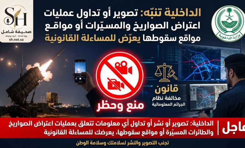 وزارة الداخلية تحذر تصوير أو تداول عمليات اعتراض الصواريخ والمسيّرات ومواقع سقوطها يعرّض للمساءلة القانونية