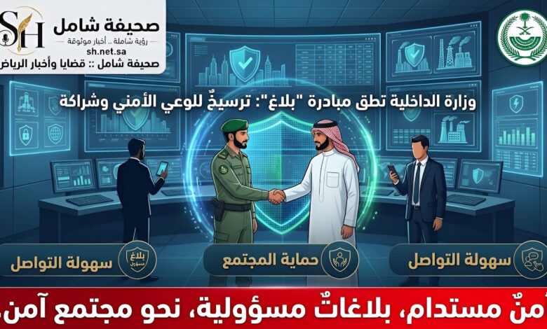 وزارة الداخلية تطلق مبادرة بلاغ ترسيخ للوعي الأمني وشراكة مجتمعية رائدة لحماية مكتسبات الوطن حملة أمنية وتوعوية متكاملة تُكرّس مفهوم المسؤولية المشتركة، وتُمكّن المواطن والمقيم من الإسهام الفاعل في رصد التجاوزات ودعم منظومة الأمان الشاملة. دشنت وزارة الداخلية مبادرة "بلاغ" التوعوية لتعزيز الحس الأمني وترسيخ ثقافة الإبلاغ الفوري عن السلوكيات والظواهر المؤثرة على سلامة المجتمع؛ تعرف على أهداف المبادرة وأبعادها الاستراتيجية.